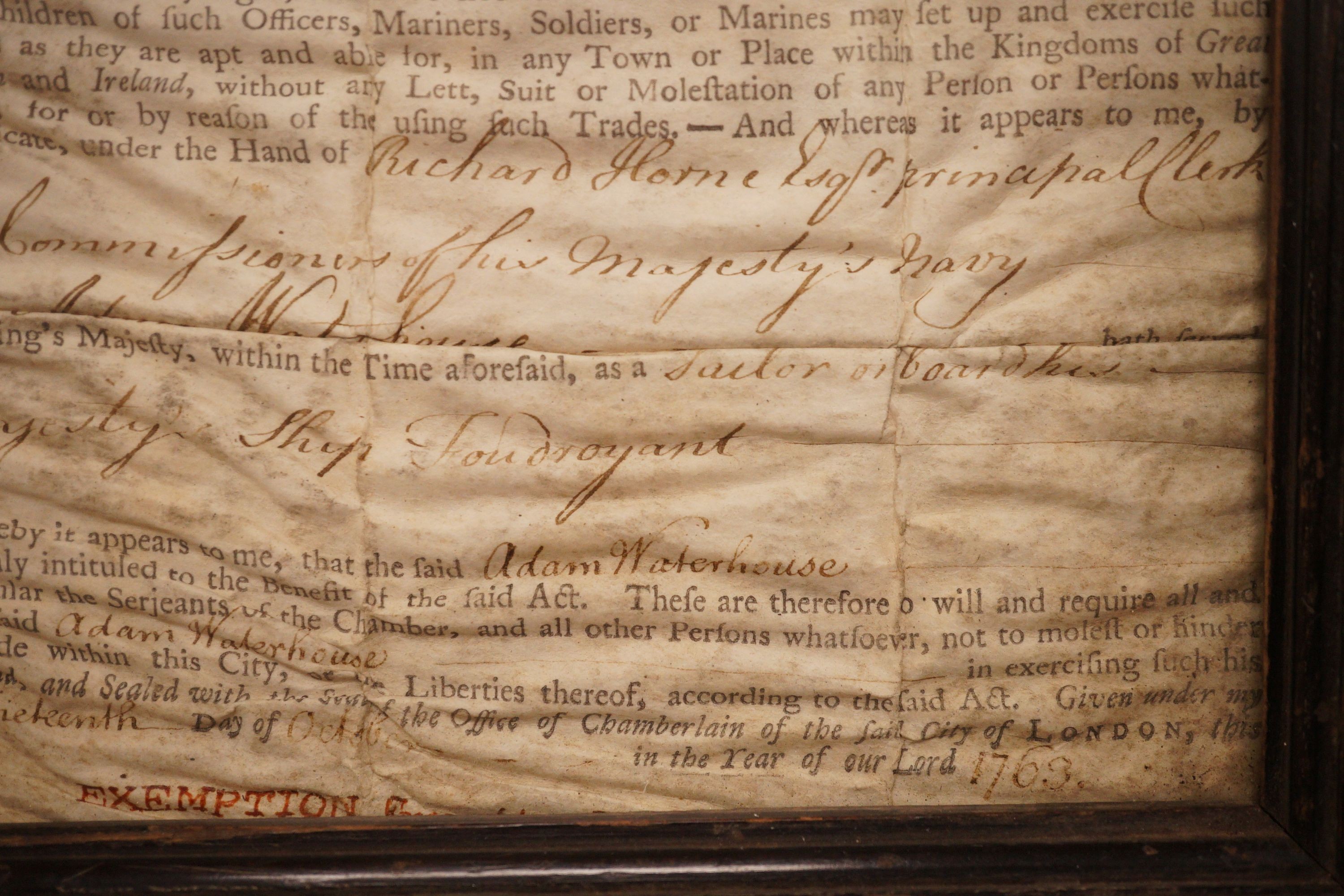 A framed Press Gang exemption for Adam Waterhouse of HMS Foudroyant, dated 1763